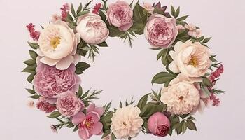 Wreath made of flowers. Floral round frame, wreath made of peonies flower buds and green leaves, botanical design, flat lay, top view, free space for text. image photo