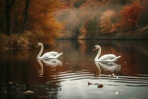 A pair of swans swimming in a serene lake, generate ai photo