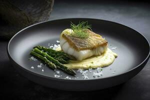 Traditional Fried Skrei Cod Fish Fillet with Green Asparagus Tips and Mashed Potato Cream in Parmesan Olive Oil Sauce as Closeup on a Modern Design Plate with Copy Space, generate ai photo