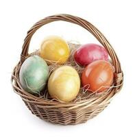 Colorful easter eggs in basket isolated on white background, generate ai photo