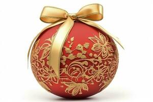 art Red Christmas ball with a beautiful bow and a golden pattern. christmas design element isolated on white background , generate ai photo