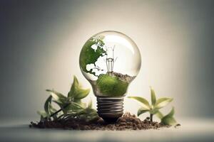 Light bulb with plant and green earth , photo