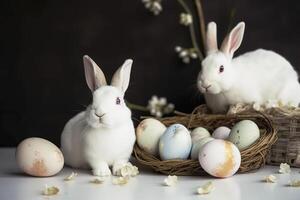 White rabbit with Easter eggs for Easter Day , photo