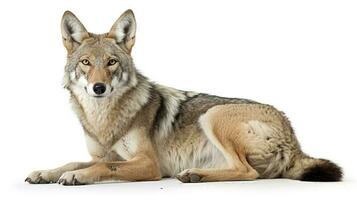 A lone coyote Canis latrans isolated on white background w in the winter snow in Canada, generate ai photo