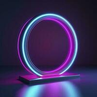 Empty neon lights round frame podium floating in the air with purple neon rings on background and hologram of digital rings on a floor, generate ai photo
