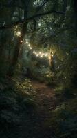 Fantasy magical enchanted fairy tale landscape, fabulous fairytale garden. mysterious background and glowing in night,Magical fantasy fairy tale scenery, night in a forest, generate ai photo