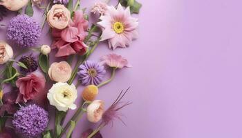 multicolored spring flowers on purple background , generate ai photo