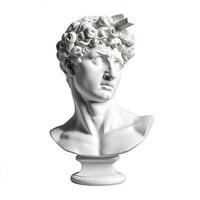 Gypsum statue of David's head. Michelangelo's David statue plaster copy isolated on white background. Ancient greek sculpture, statue of hero, generate ai photo