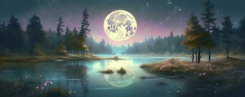 night landscape environment harvest moon over a glittering lake lush vegetation birchwood trees, flowers, magical galaxy. 3d drawing digital art, generate ai photo