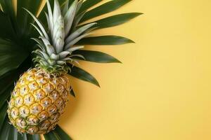 Beautiful pineapple on tropical palm monstera leaves isolated on bright pastel yellow background, top view, flat lay, overhead above summer fruit. , generate ai photo