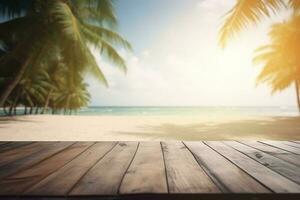 Empty wooden table on a beautiful blured tropical beach background. Summer holiday background for product display, generate ai photo