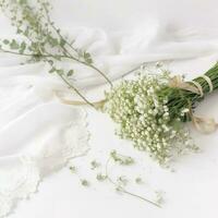 wedding desktop mockup with baby's breath Gypsophila flowers, dry green eucalyptus leaves, satin ribbon and white background, , generat ai photo