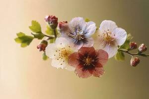 Beautiful spring border, blooming rose bush. Flowering rose hips against on wall. Soft selective focus, generate ai photo