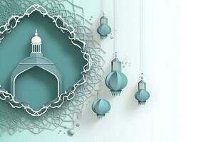 Islamic background, Gift box, lantern, gold crescent moon on white. Design concept of ramadan kareem. generate ai photo