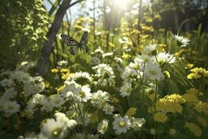 abstract nature spring Background. spring flower and butterfly, generate ai photo