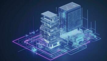 Development architecture computer systems of a smart building. Design modern building construction with ai controls. Project smart house construction with artificial intelligence, generate ai photo