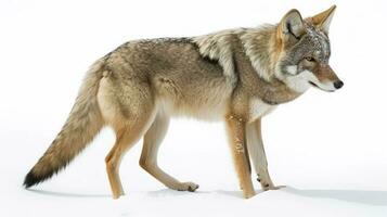 A lone coyote Canis latrans isolated on white background walking and hunting in the winter snow in Canada, generate ai photo