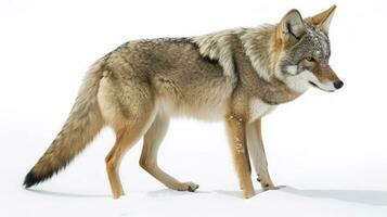 A lone coyote Canis latrans isolated on white background walking and hunting in the winter snow in Canada, generate ai photo