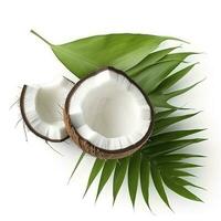Coconut with half and leaves on white background, generate ai photo