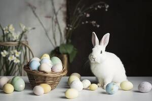 White rabbit with Easter eggs for Easter Day , photo