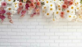 Flower texture background for wedding scene. Flowers on white brick wall with free space for text. Wedding or party decoration. Floral arrangement, floristics setting, generate ai photo