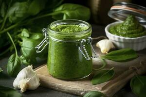 Green pesto sauce made of wild garlic, generate ai photo