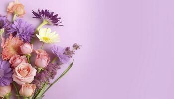 multicolored spring flowers on purple background , generate ai photo