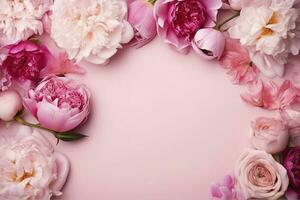 peonias, rosas en rosado antecedentes con Copiar espacio. resumen natural floral marco diseño con texto espacio. romántico femenino composición. Boda invitación , generar ai foto