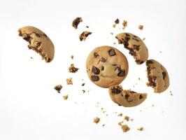sabroso chocolate chip galletas que cae aislado en blanco fondo, generar ai foto