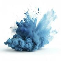 Abstract blue dust explosion on white background. Freeze motion of blue powder splash. Painted Holi in festival, generate ai photo