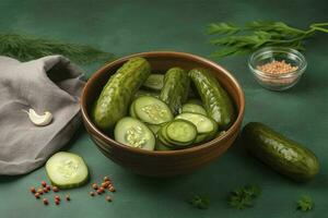 Bowl with tasty fermented cucumbers and ingredients on green background, generate ai photo