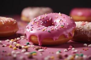 Pink donuts with sprinkles. Sweet food background, freshly baked donut. image. photo