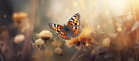 Field of daisies in golden rays of the setting sun in spring summer nature with an orange butterfly outdoors, photo