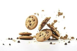 Tasty chocolate chip cookies falling isolated on white background, generate ai photo