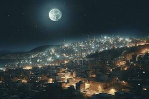 a city skyline with a full moon and city lights, in the style of web Anderson, Sultan Mohammed, Alex Prager, Quito school, cinematic stills, frost punk, glittery and shiny, generate ai photo