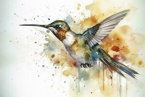 Create a beautiful painting of a hummingbird feeding on nectar watercolor painting, beautiful natural forms, crisp clean shapes, colorful, white background, generate ai photo