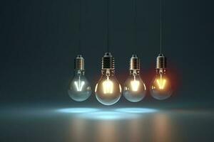 Light bulb idea. 3d render light bulb shines next to the extinguished ones. Leadership, inspiration, right decision and energy saving concept, generate ai photo