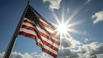 Backlit us national flag flying and waving in the wind over gray stormy cloudy sky, symbol of american patriotism, low angle, generate ai photo