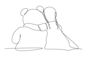 Girl hugging teddy bear. Hand drawn continuous line vector illustration. Outline drawing child and a toy. National Hug day template for postcard, banner, t shirt printing, package design.