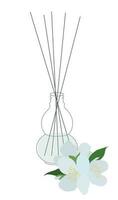 Home aromatherapy diffuser. Vector isolated illustration. Bottle with sticks and aromatic oil, jasmin fragrance