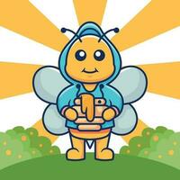 Cute bee wearing jacket holding honey vector cartoon illustration.