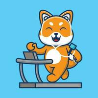 Cute shiba inu dog running on the treadmill cartoon vector illustration isolated