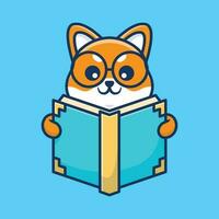 Cute shiba inu dog reading book cartoon vector illustration isolated