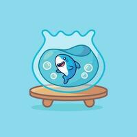 Cute shark in an aquarium cartoon vector illustration