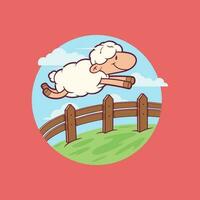 Sheep character jumping a fence smiling vector illustration. Sleep, funny, kids design concept.