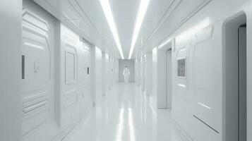 Inside narrow abstract bright white Tron corridor with square shapes with windows to an unknown planet, science fiction, glass, arch viz, and modern architecture, generate ai photo