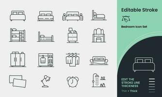 Bedroom Icon collection containing 16 editable stroke icons. Perfect for logos, stats and infographics. Edit the thickness of the line in any vector capable app.