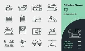 Living Room Lounge Icon collection containing 16 editable stroke icons. Perfect for logos, stats and infographics. Edit the thickness of the line in any vector capable app.