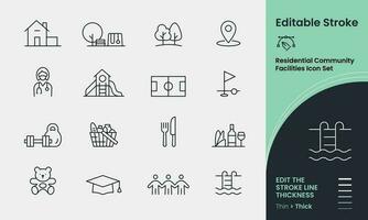 Residential Community Icon collection containing 16 editable stroke icons. Perfect for logos, stats and infographics. Edit the thickness of the line in any vector capable app.