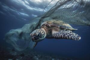 AI illustration of a turtle caught with fishing net. The concept of environmental protection. Sea, ocean turtle need to be freed from fishing nets. No to Dead turtles. photo